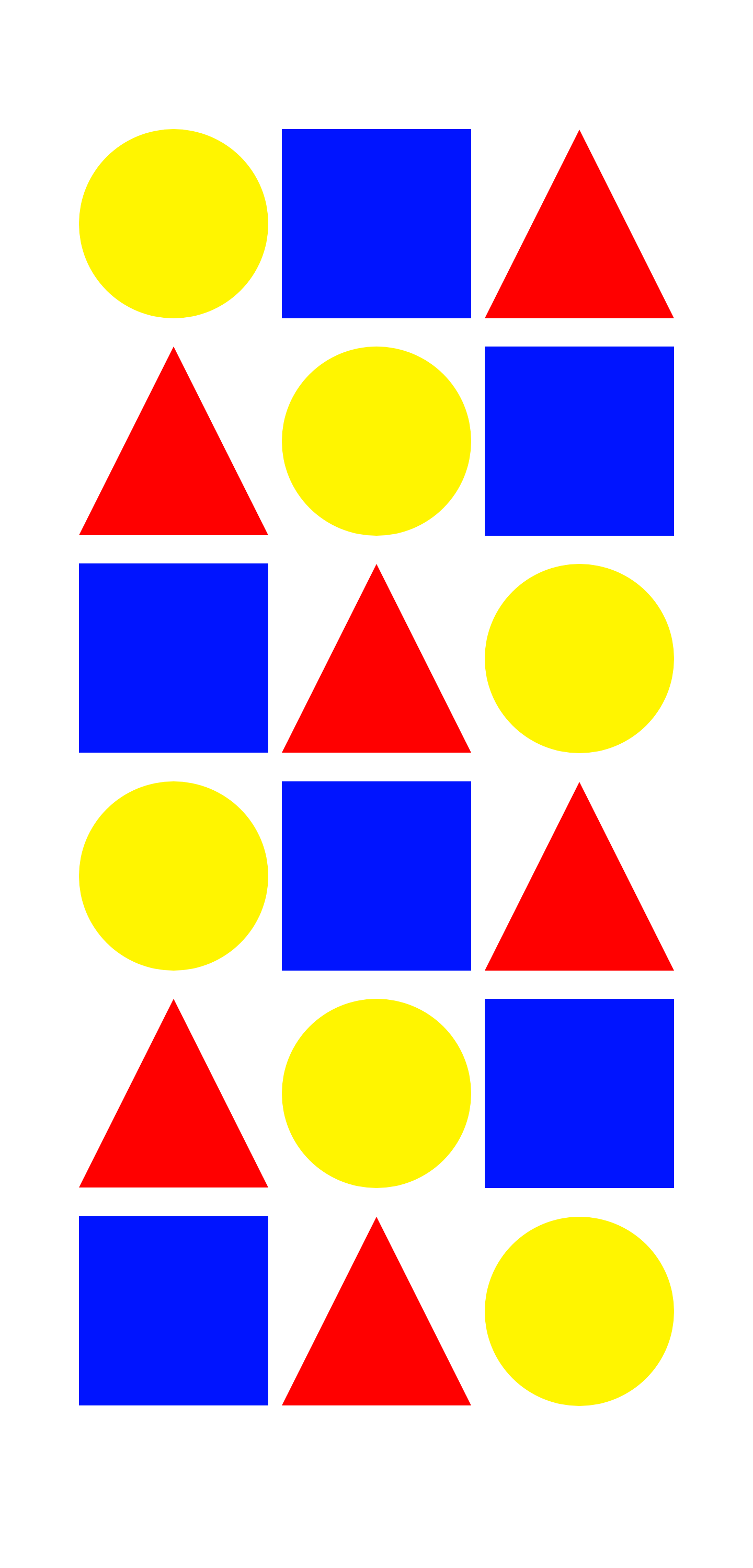 yellow circles, blue squares, and red triangles on a grid